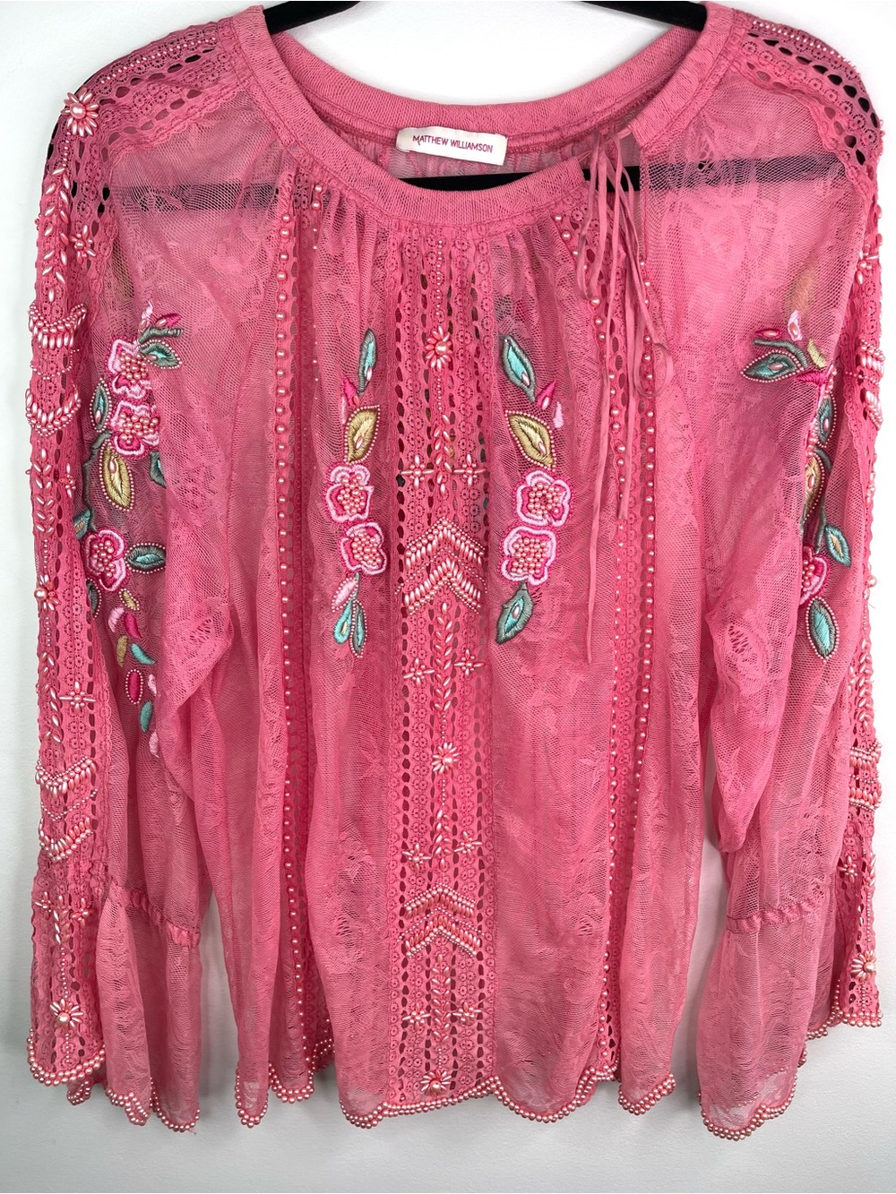 Matthew Williamson Pink Embroidered Lace and beading Boho Blouse Size L